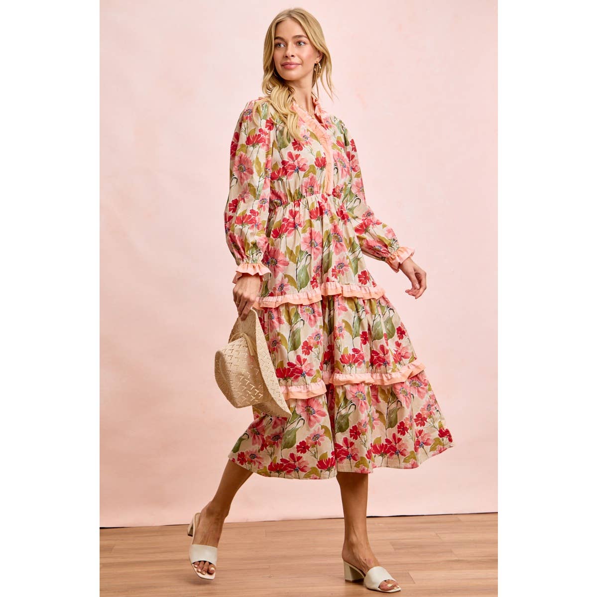 FLORAL PRINT MIDI DRESS WITH RUFFLE SCALLOP EDGE DETAILS