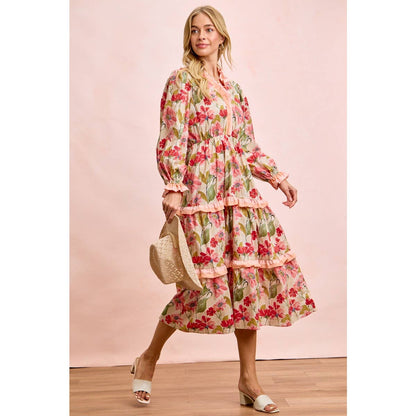 FLORAL PRINT MIDI DRESS WITH RUFFLE SCALLOP EDGE DETAILS
