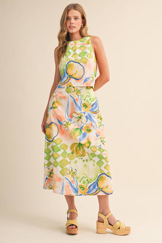 EXCLUSIVE FLORAL PRINT CROP TANK AND MIDI SKIRT SET