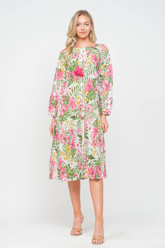 Pink Green Hawaiian Midi Dress