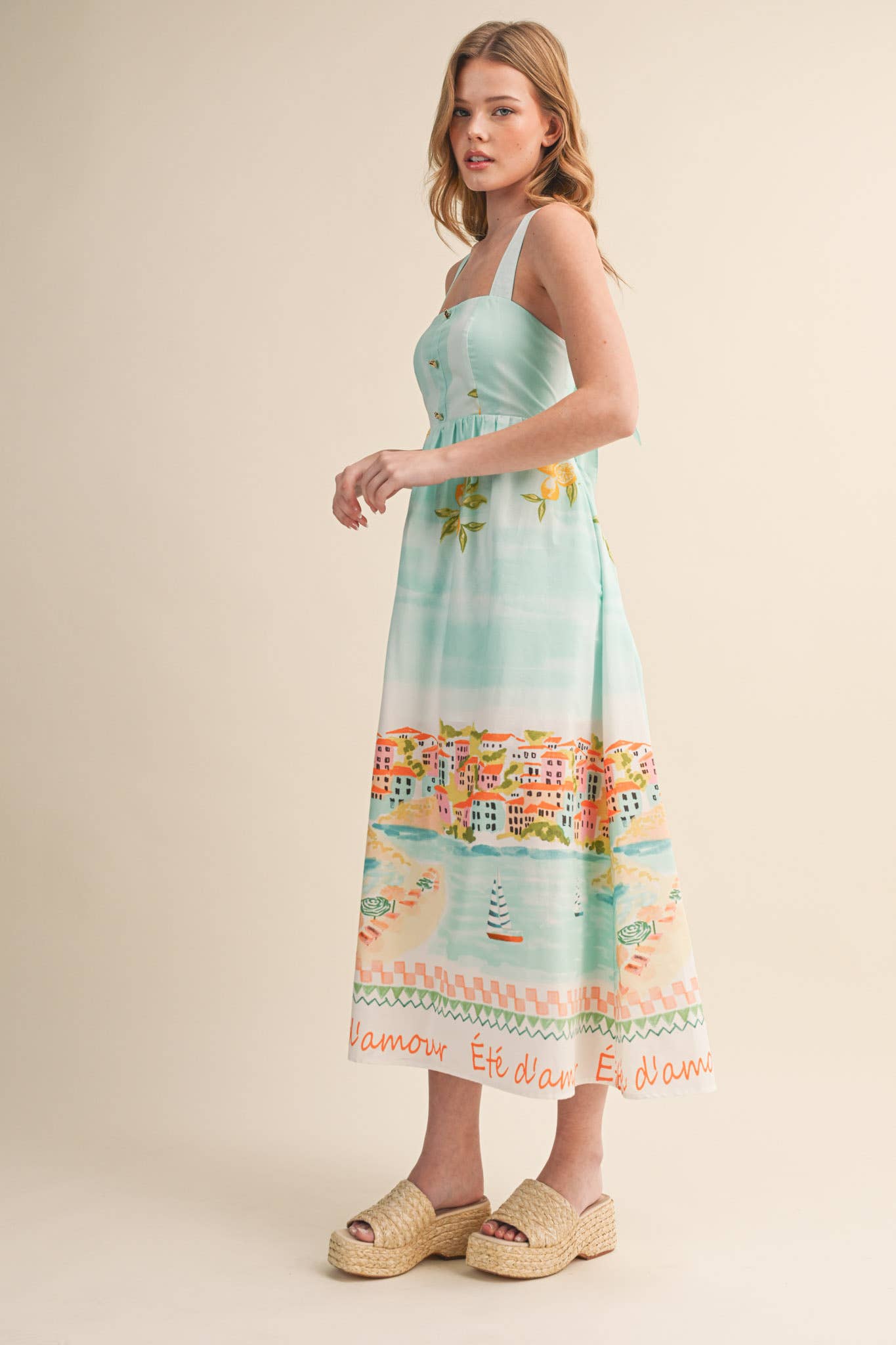 LETS GETAWAY LANDSCAPE PRINT BOW TYING MIDI DRESS BLUE