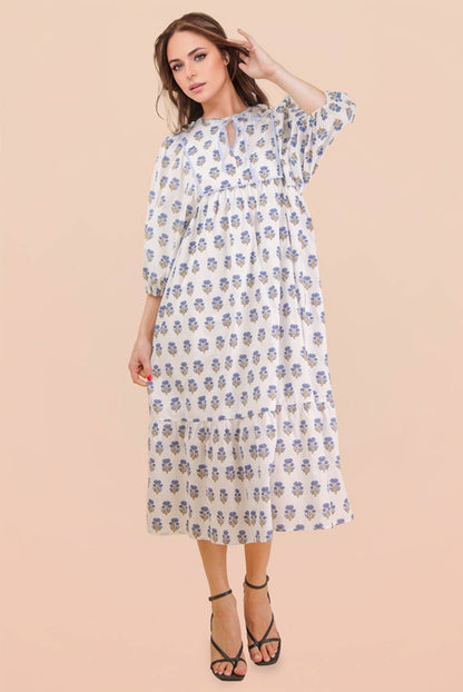 Printed Half Sleeve Midi Dress Pink Blue