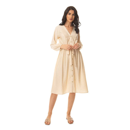 Sand Beige V Neck Button Down Dress