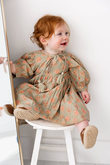 Sage-Green Floral Printed Sleeve Gathered Dress