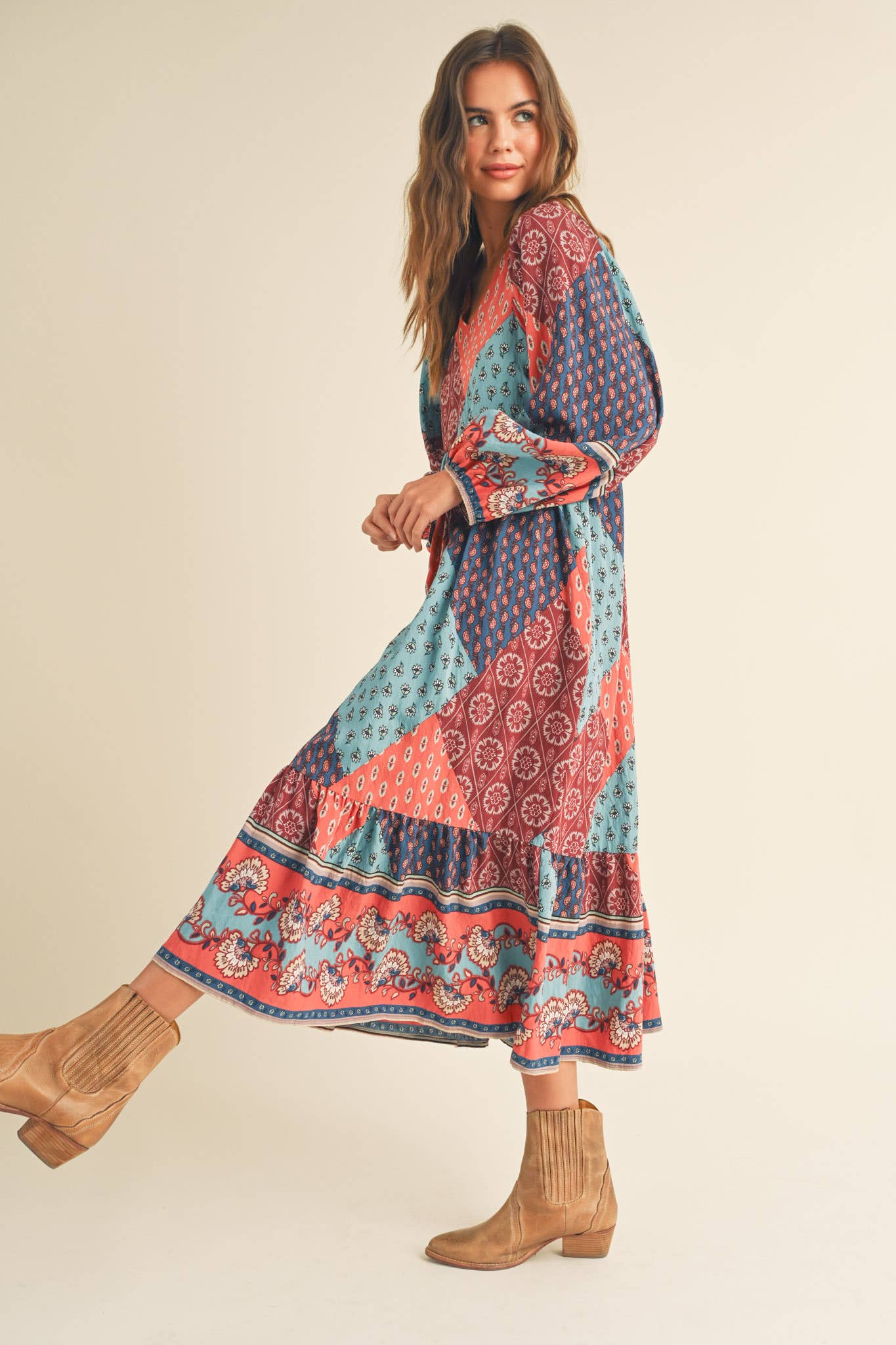 PATCHWORK PRINT BALLOON SLEEVE MIDI DRESS