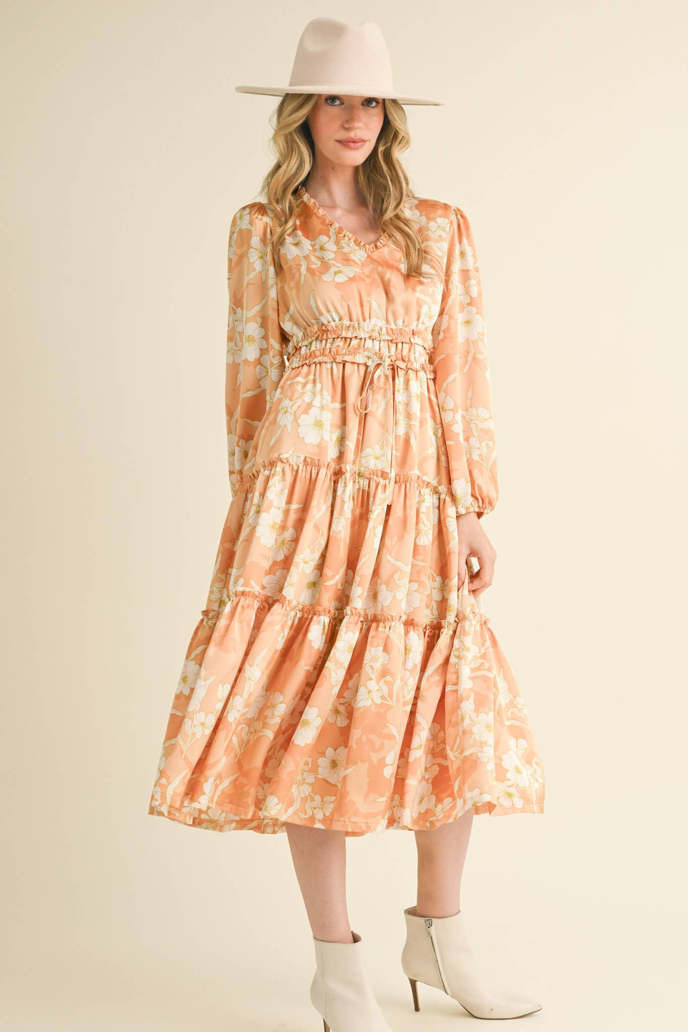 EXCLUSIVE PRINT RUFFLE TRIM FLORAL MIDI DRESS Silver Champagne
