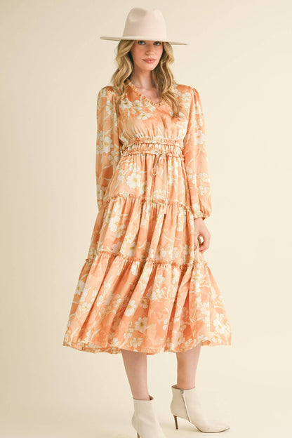 EXCLUSIVE PRINT RUFFLE TRIM FLORAL MIDI DRESS Silver Champagne