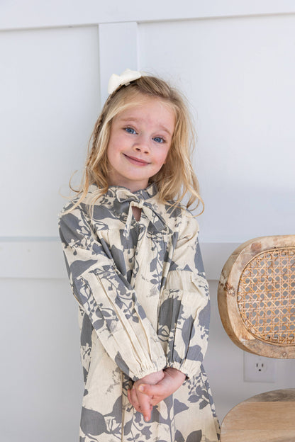 Grey Leaf Printed Gathered Long Sleeve Dress