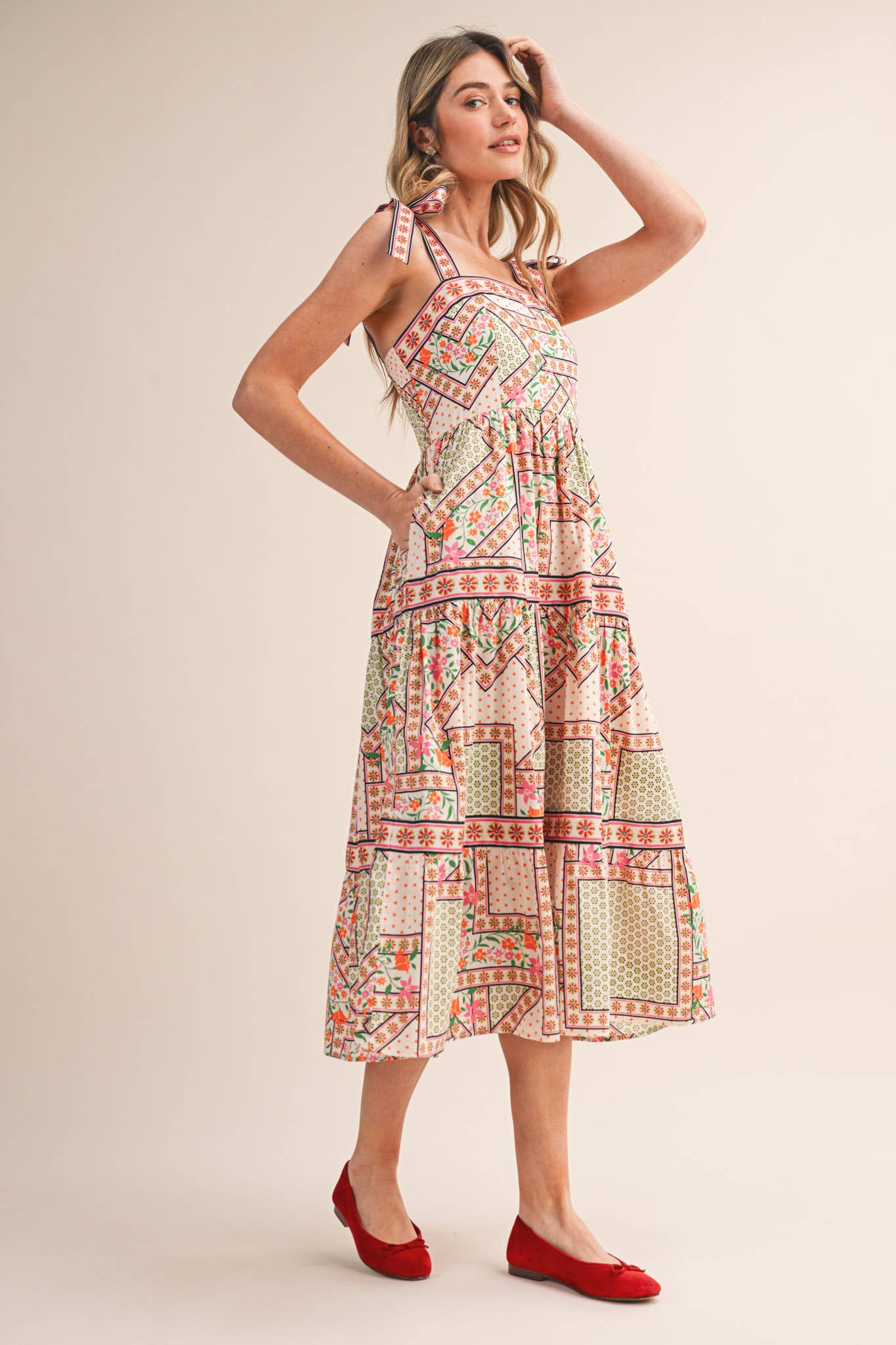 FLORAL PATCHWORK TIE STRAP SHOULDER MIDI DRESS PINK