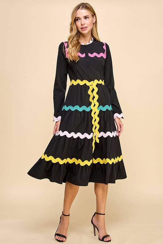 Colorful Ricrac Detail Midi Dress