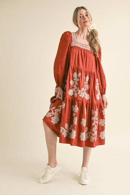 FLORAL EMBROIDERED TIERED MIDI DRESS RUST AMBER SQUARE NECK