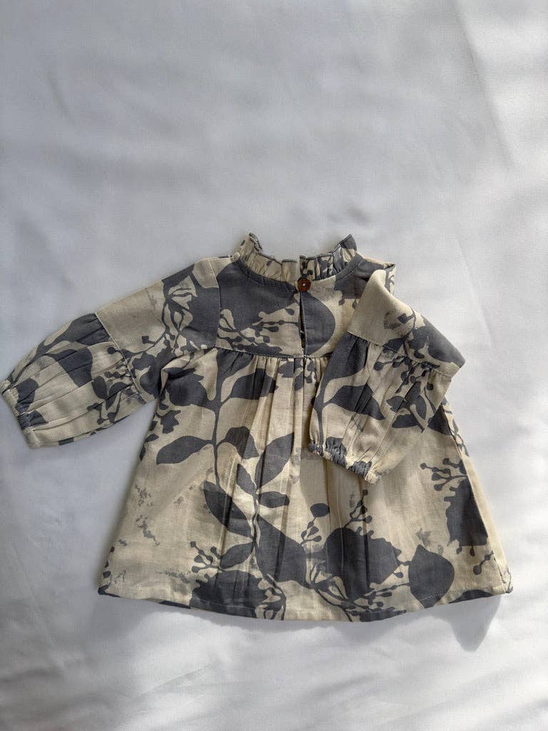 Grey Leaf Printed Gathered Long Sleeve Dress