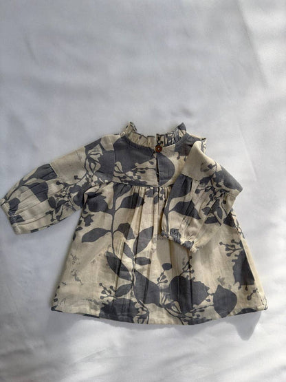 Grey Leaf Printed Gathered Long Sleeve Dress
