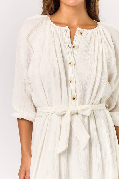 Puff Sleeve Linen Button Down Belted Maxi Dress