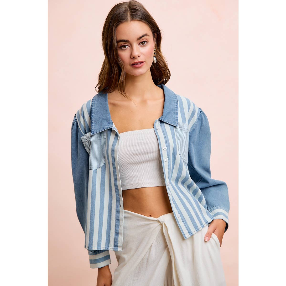 WASHED MULTI STRIPED DENIM BUTTONED SHACKET TOP