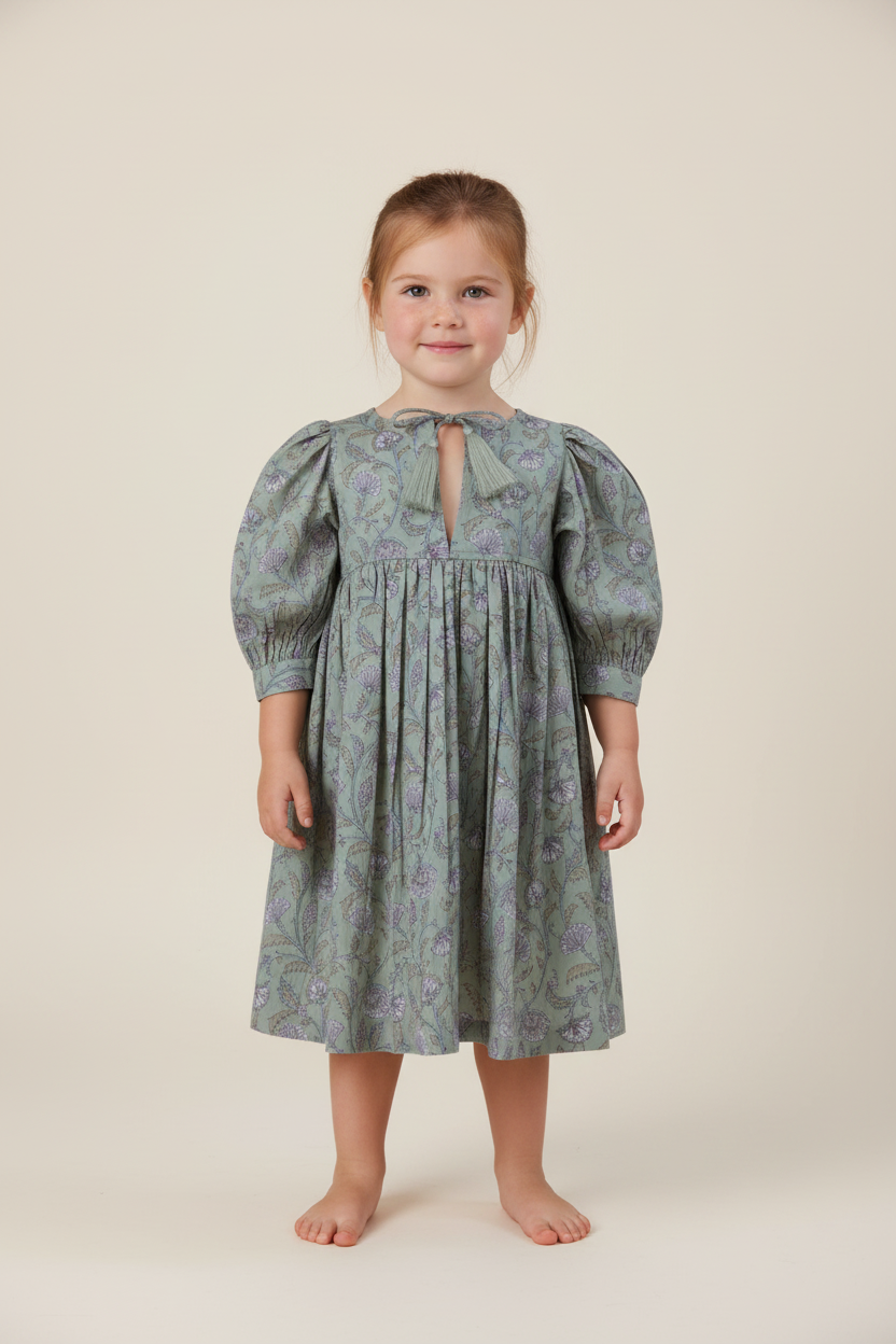Sage-Green Floral Printed Sleeve Gathered Dress - PRE ORDER