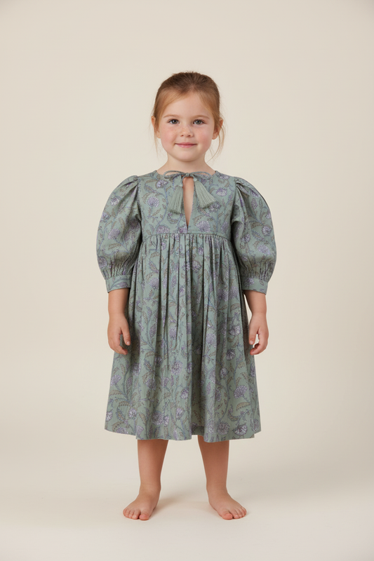 Sage-Green Floral Printed Sleeve Gathered Dress - PRE ORDER