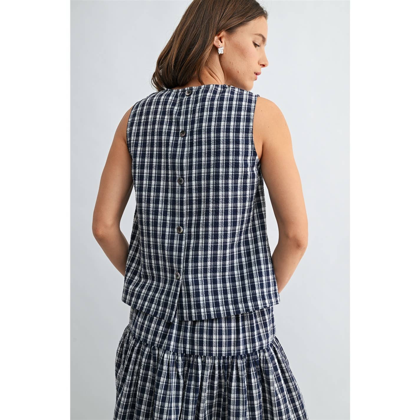 GINGHAM PRINTED SLEEVELESS BUTTONBACK TANK TOP - PRE ORDER