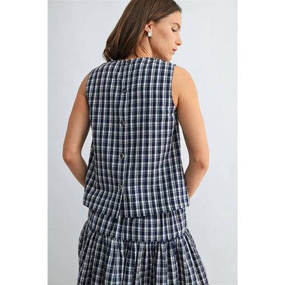 GINGHAM PRINTED SLEEVELESS BUTTONBACK TANK TOP - PRE ORDER