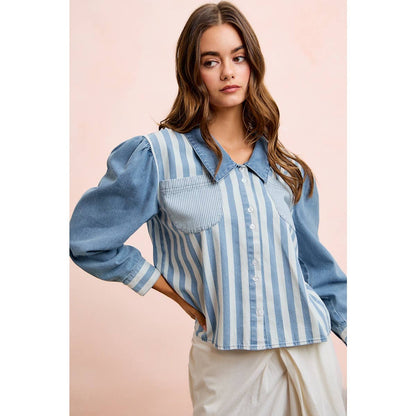 WASHED MULTI STRIPED DENIM BUTTONED SHACKET TOP