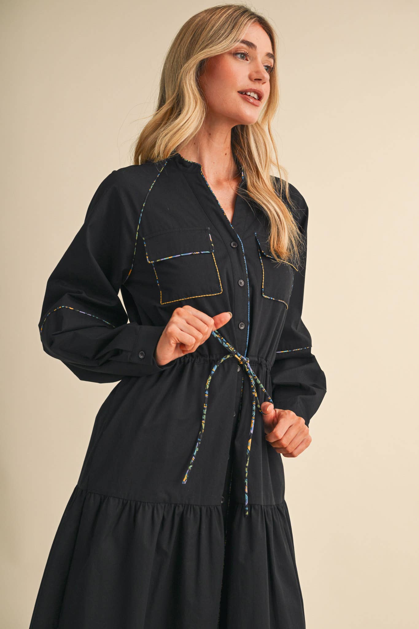 UTILITY MIDI DRESS WITH CONTRAST PIPING TRIM