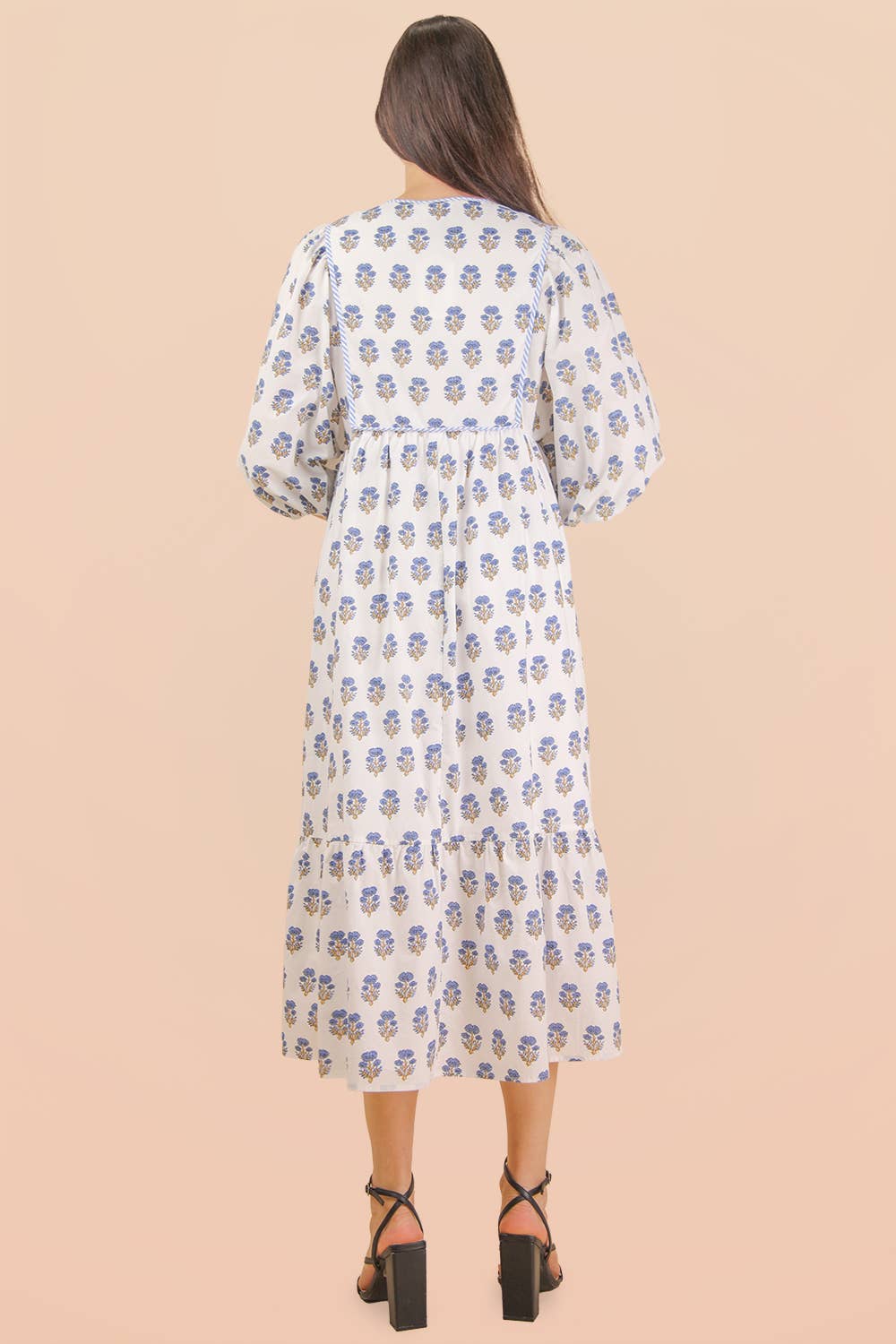Printed Half Sleeve Midi Dress Pink Blue