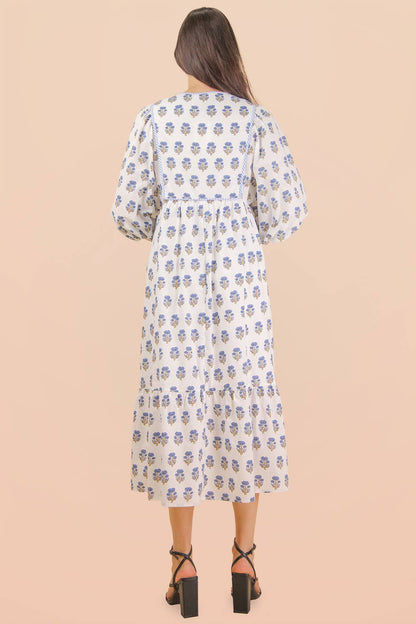 Printed Half Sleeve Midi Dress Pink Blue