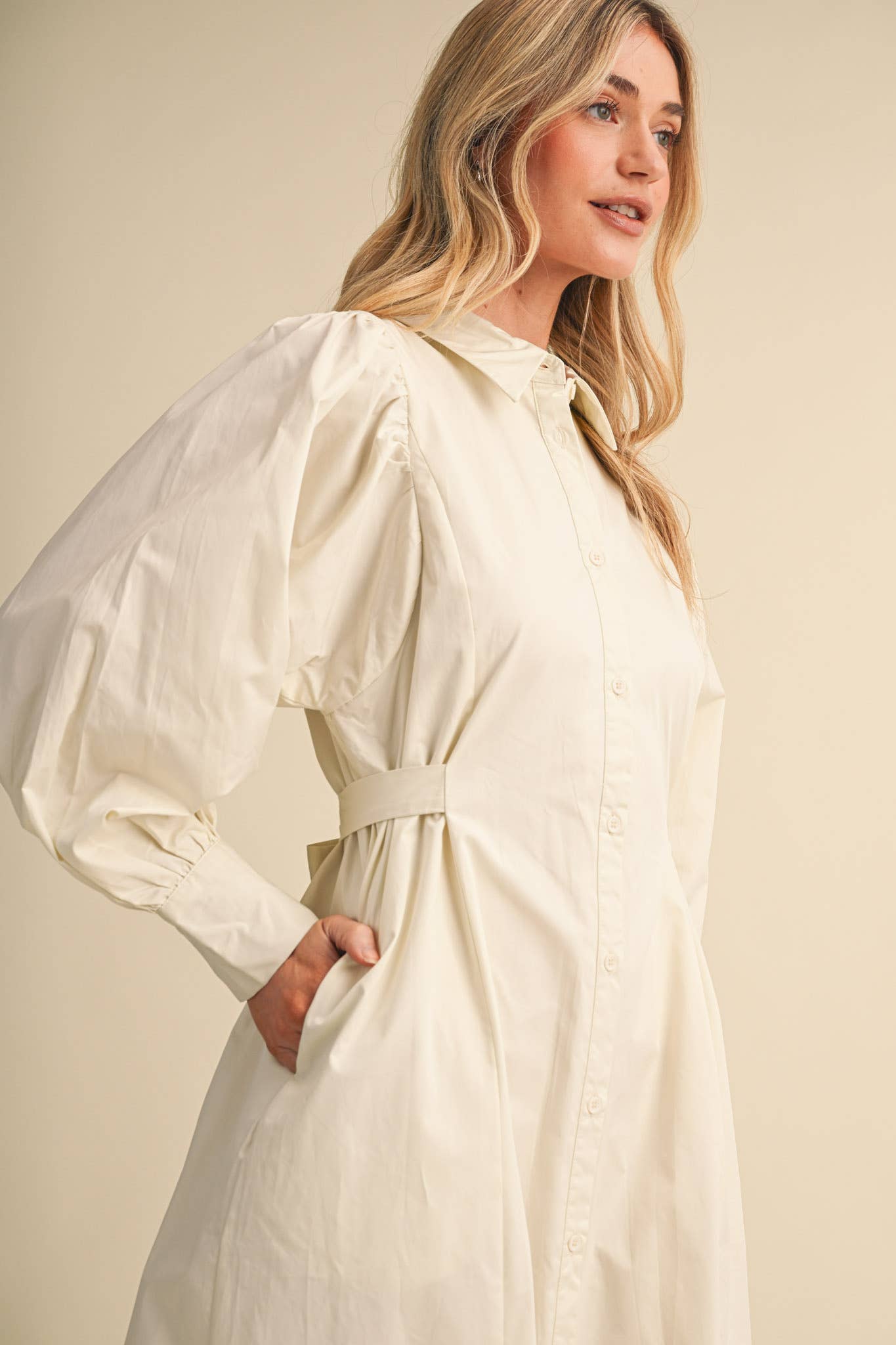 BUTTON DOWN BELTED MIDI DRESS CREAM