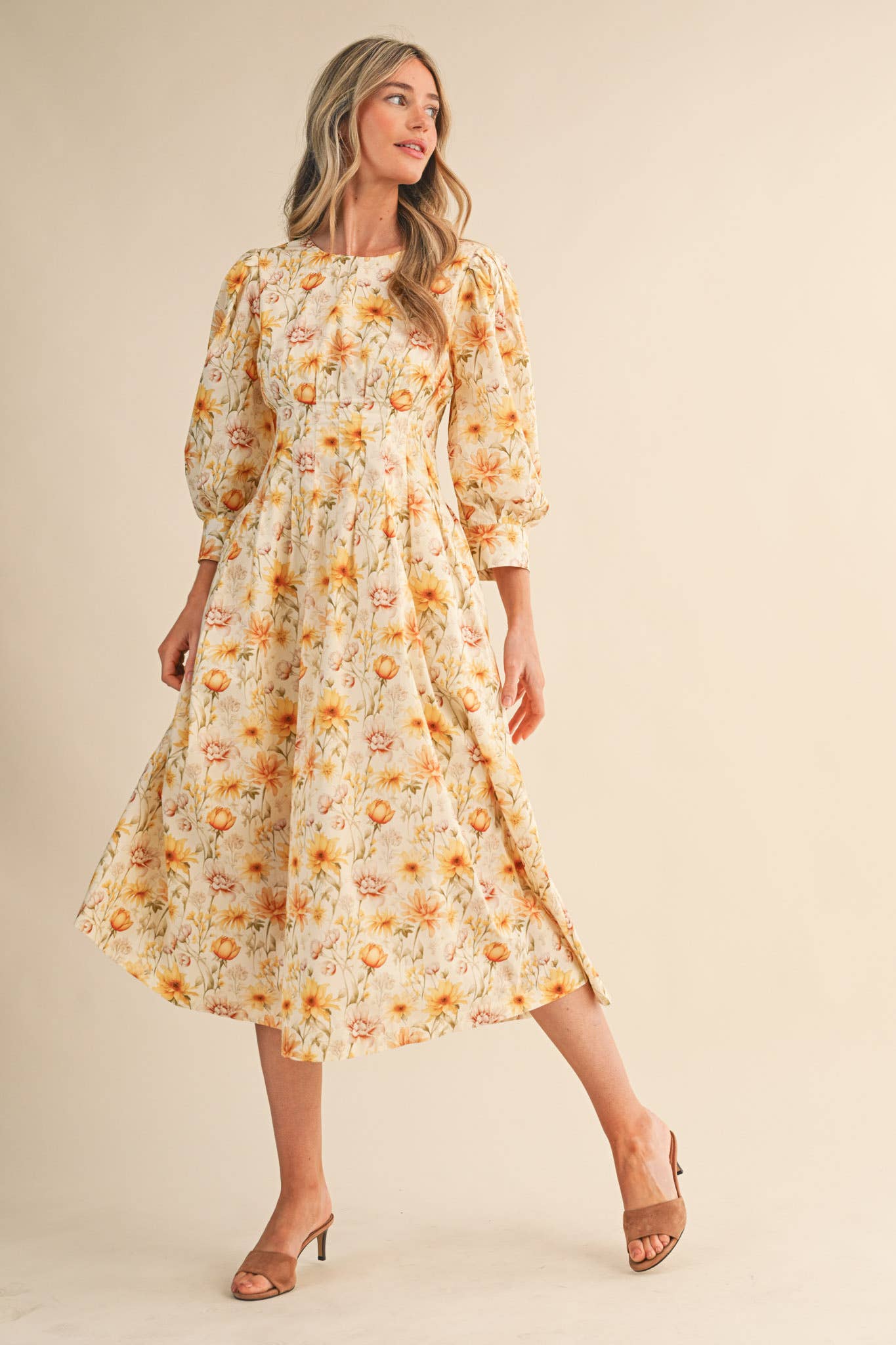 Yellow Floral Pleated Waist Midi Dress