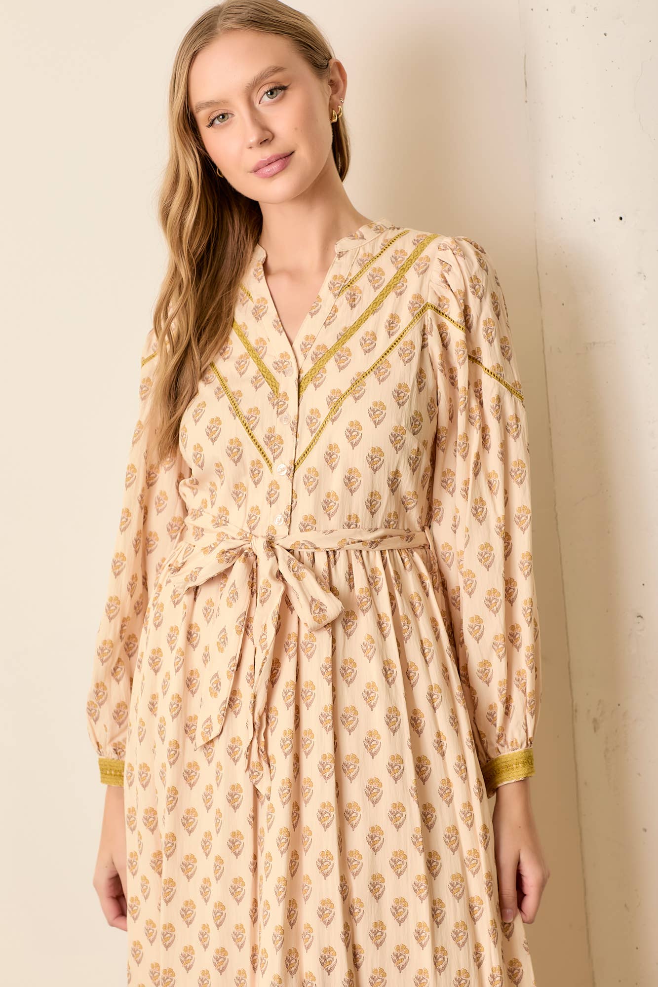 V Neck Button Down Mustard Pink Midi Dress