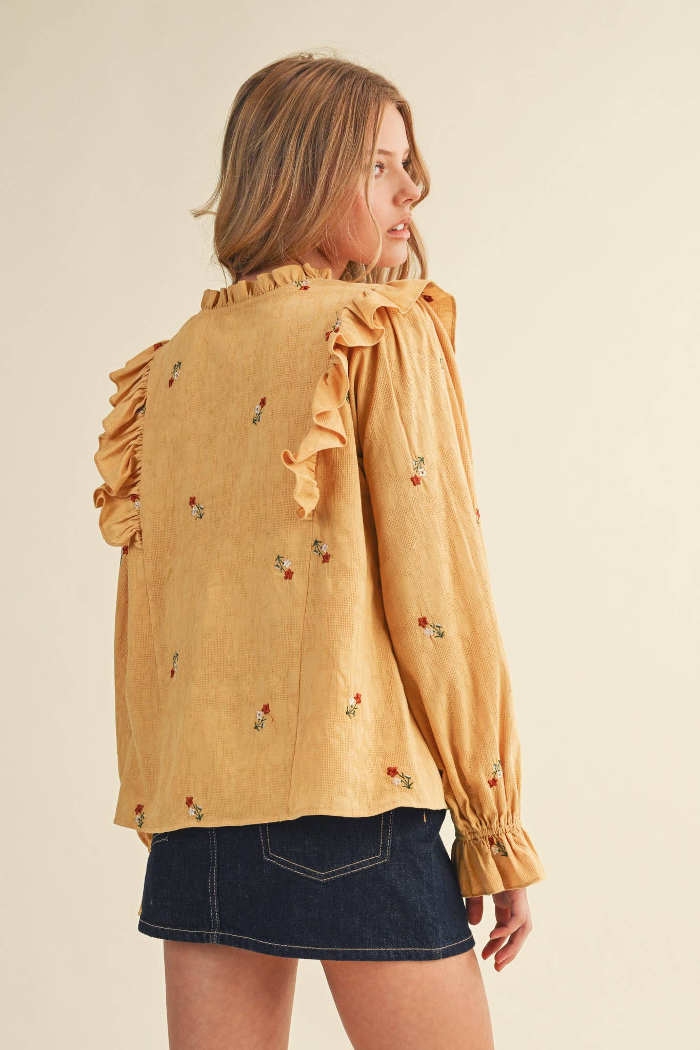 RUFFLED SMOCKED YOKE EMBROIDERED BLOUSE Multiple Color - PRE ORDER