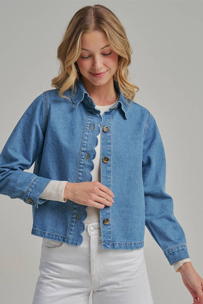 FALL DENIM BUTTON DOWN JACKET WITH SCALLOP EMBROIDERY COLLAR
