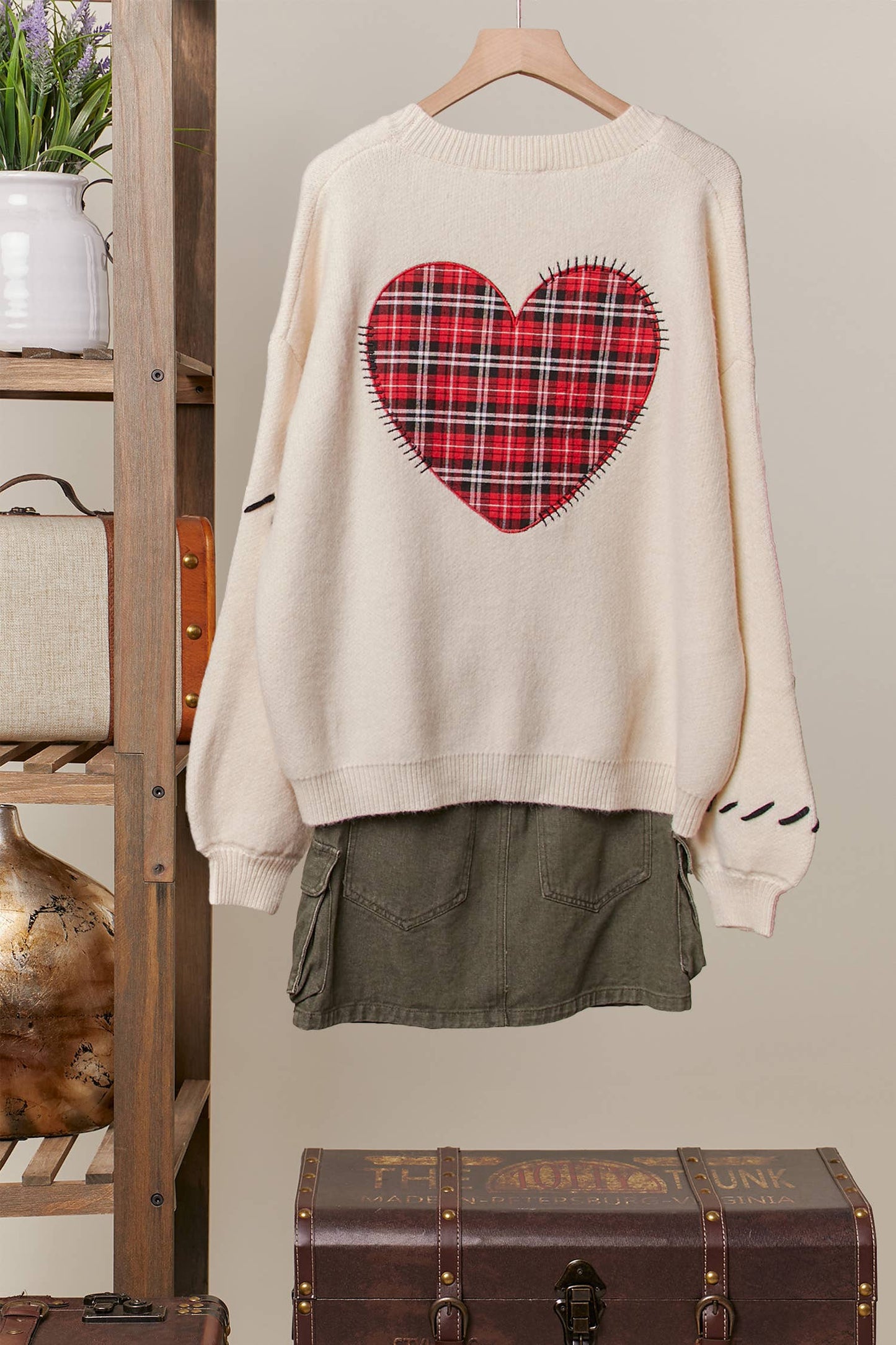 Stitch Heart Accent V Neck Knit Cardigan