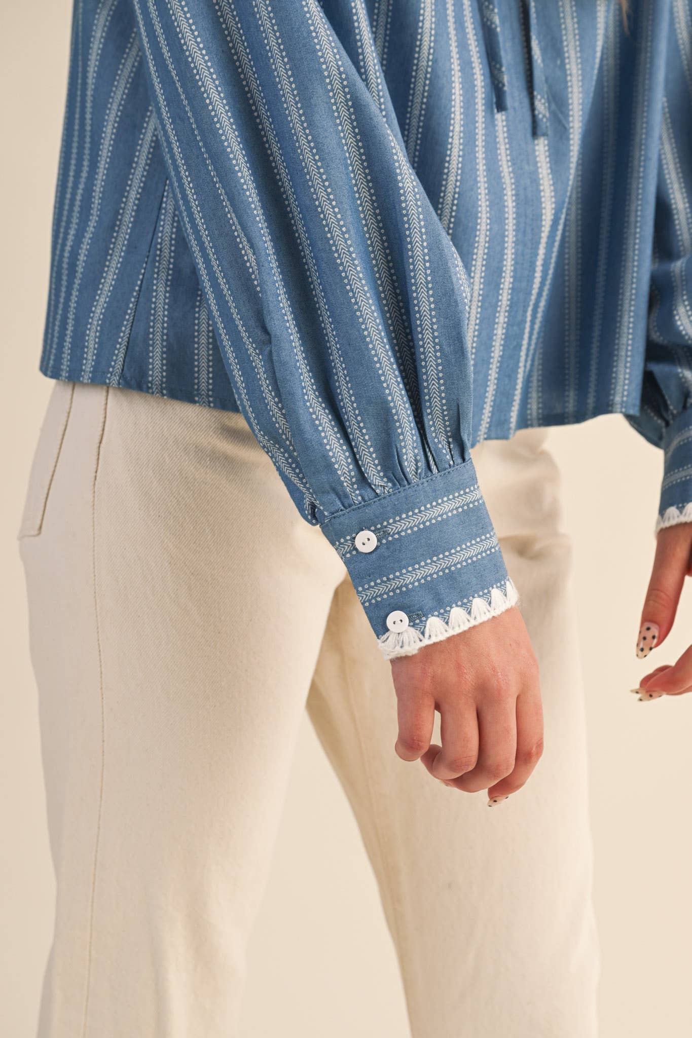 STRIPED PUFF SLEEVE TOP WITH BLANKET STITCH BLUE BLOUSE - PRE ORDER