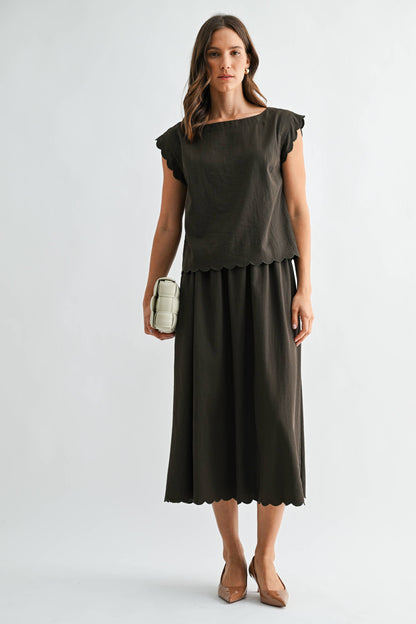 OLIVE GREEN SCALLOP EDGE MAXI TOP SKIRT SET
