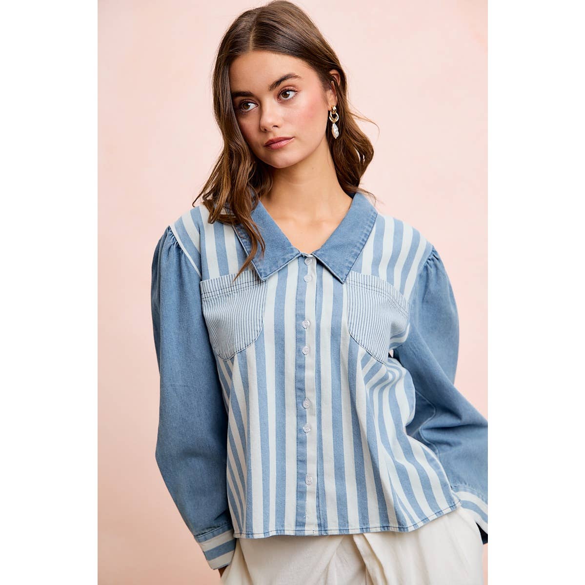 WASHED MULTI STRIPED DENIM BUTTONED SHACKET TOP