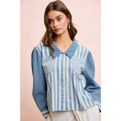 WASHED MULTI STRIPED DENIM BUTTONED SHACKET TOP