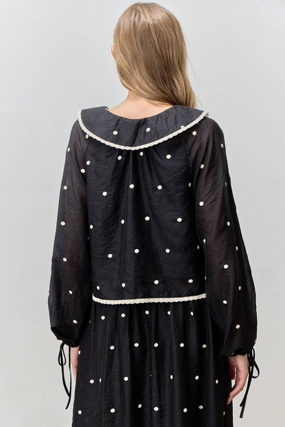 DOT OVERSIZE BABYDOLL BIG COLLAR BLACK WHITE BLOUSE TOP
