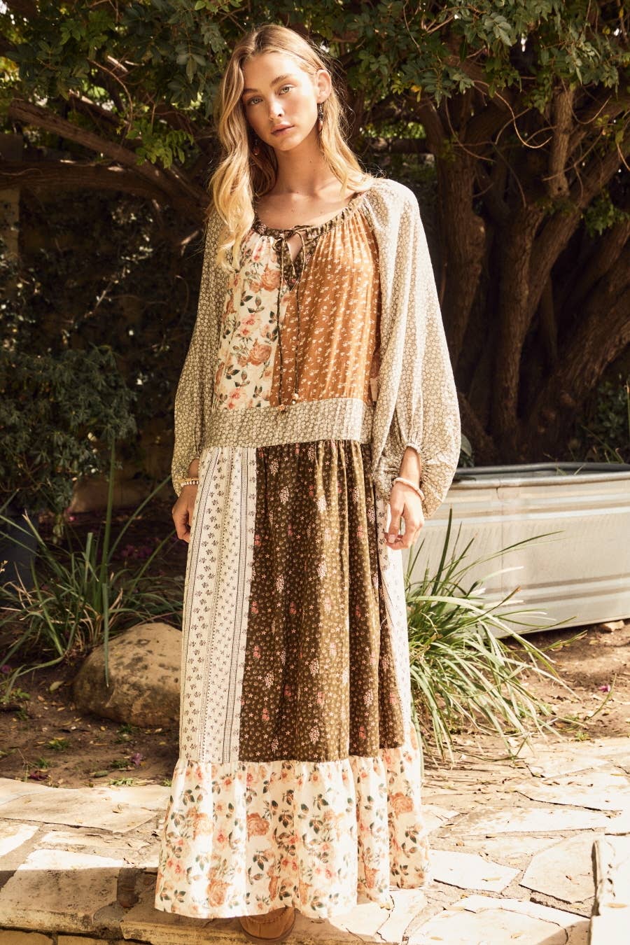 Mixed Floral Print Tiered Midi Dress