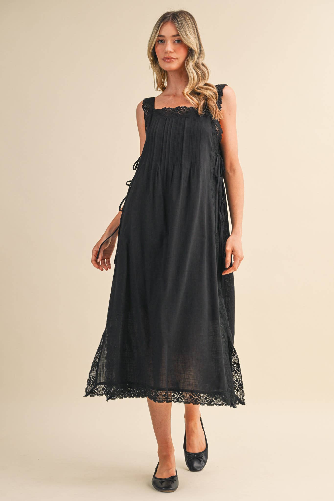 COTTON LACE TRIM SIDE TYING MIDI DRESS BLACK WHITE