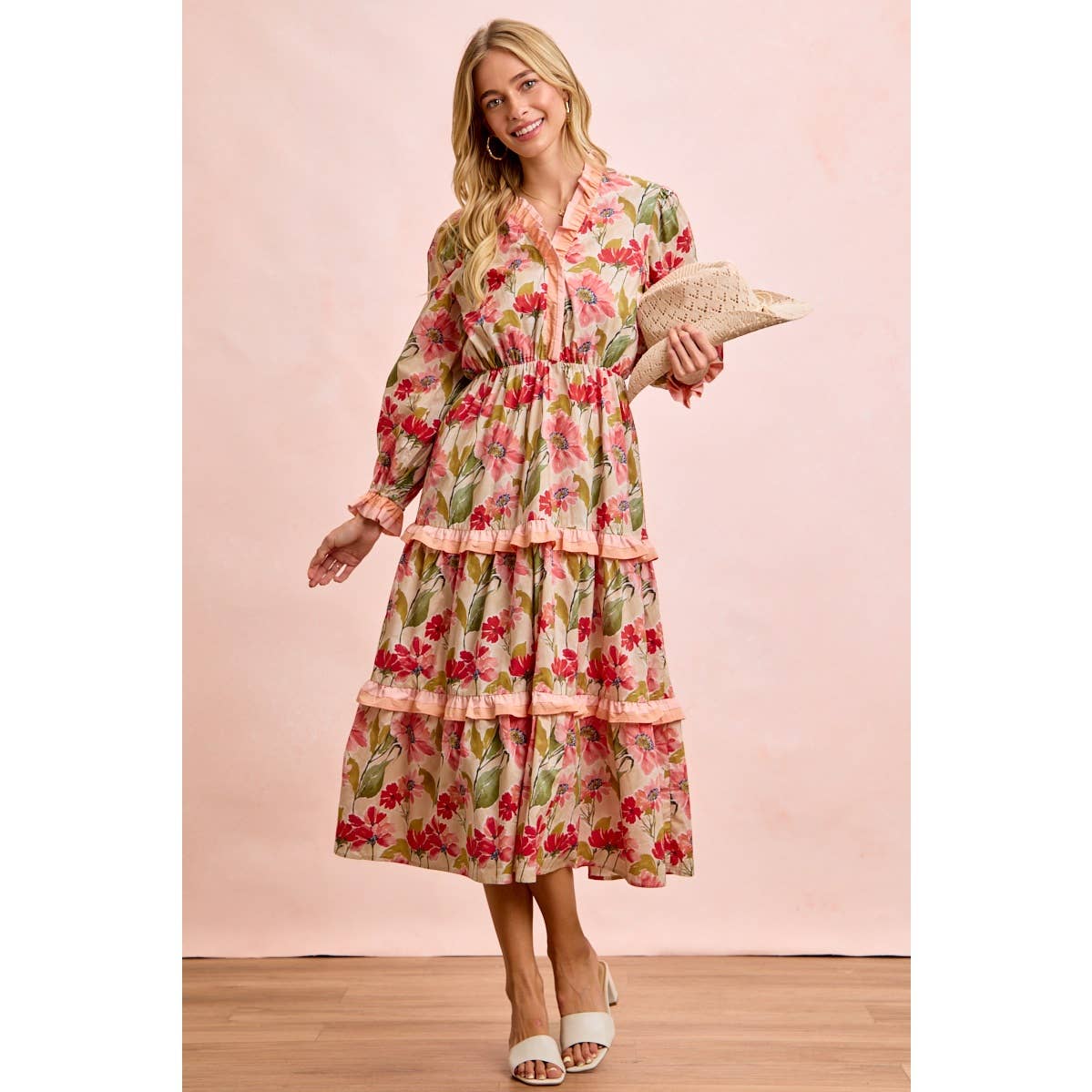 FLORAL PRINT MIDI DRESS WITH RUFFLE SCALLOP EDGE DETAILS