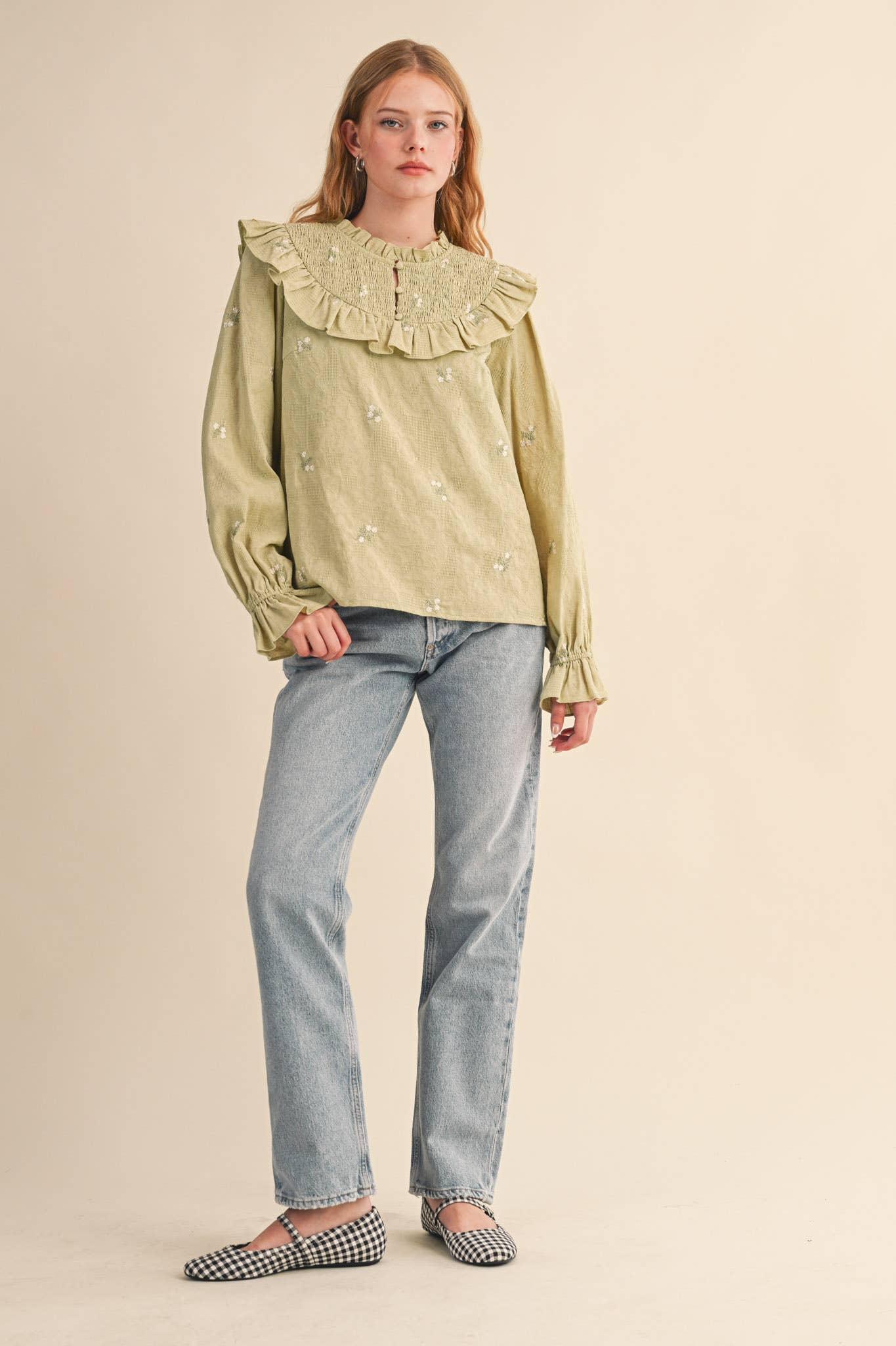 RUFFLED SMOCKED YOKE EMBROIDERED BLOUSE Multiple Color - PRE ORDER