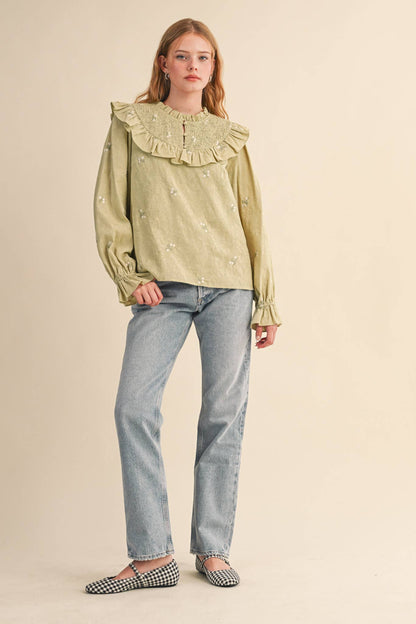 RUFFLED SMOCKED YOKE EMBROIDERED BLOUSE Multiple Color - PRE ORDER
