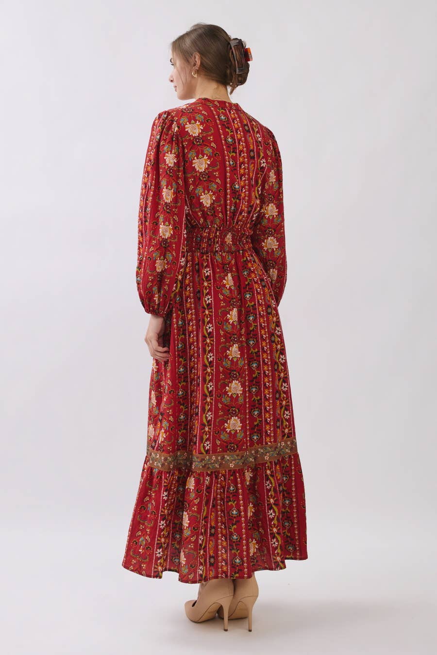 Red Multi Color V Neck Floral Border Print Tiered Midi Dress