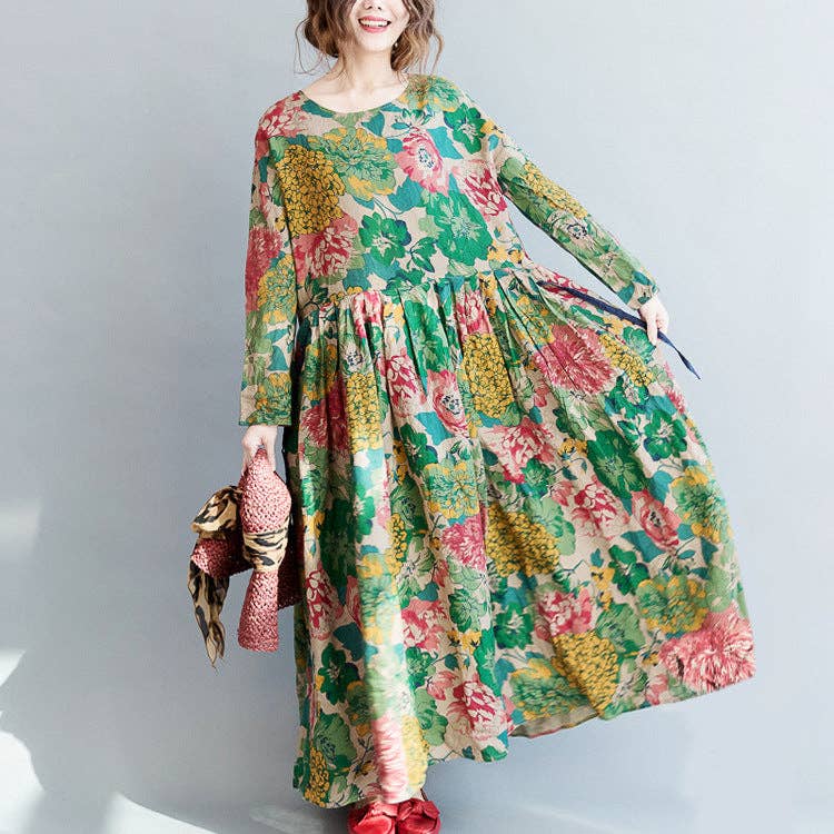 Relaxed Cotton Floral Loose Midi Dress