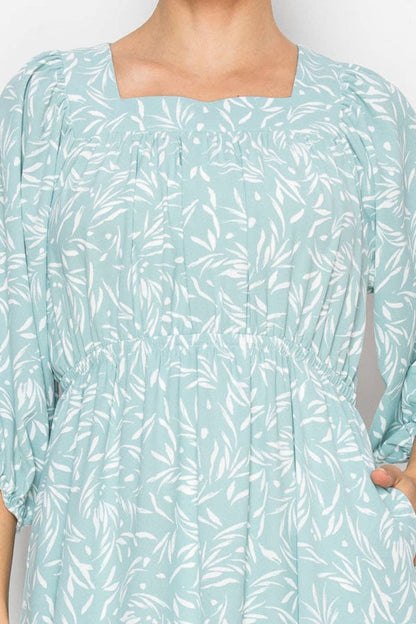 SQUARE NECKL 3/4 SLEEVES, MIDI DRESS