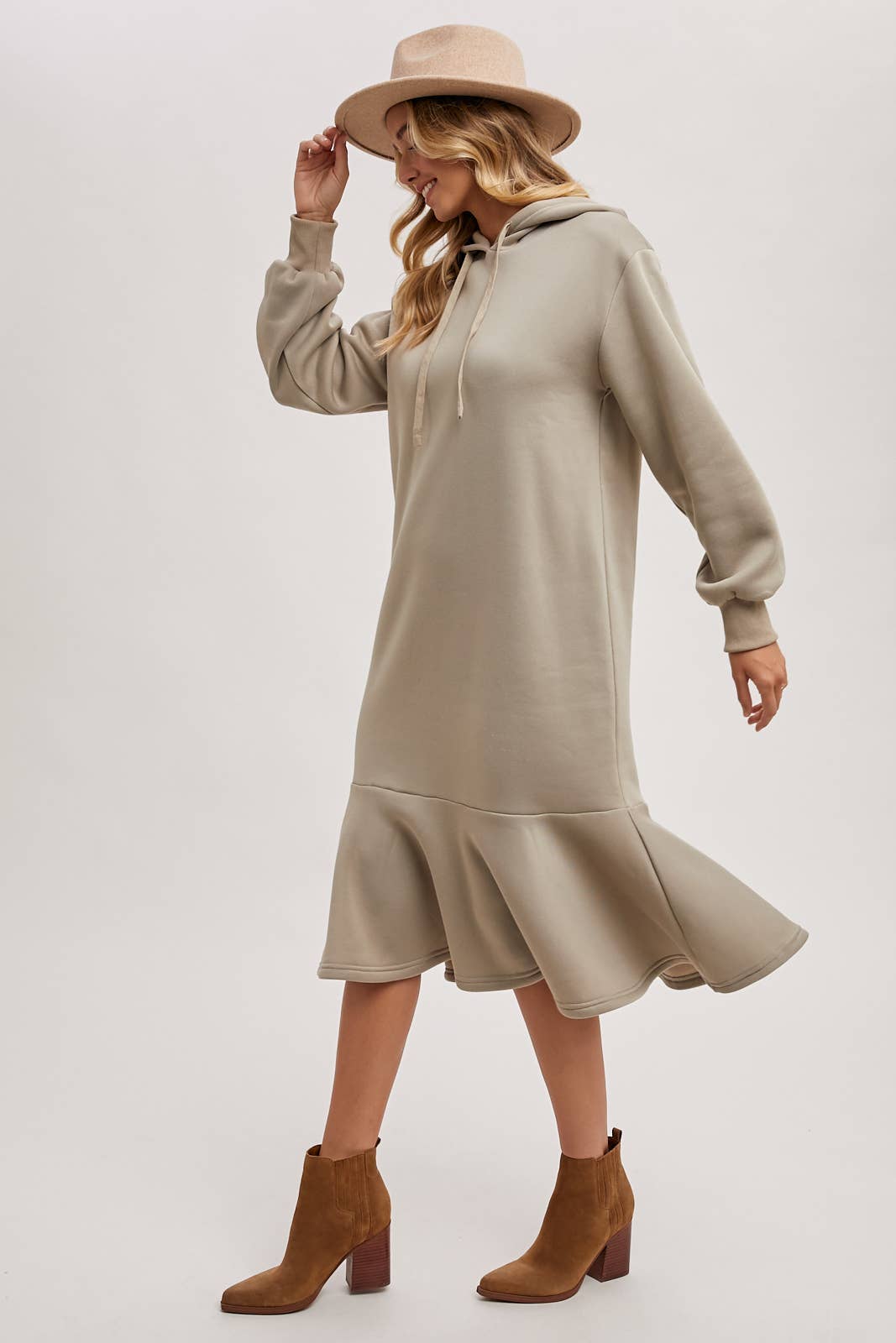 FLOUNCE HEM HOODIE SWEATSHIRT MIDI DRESS