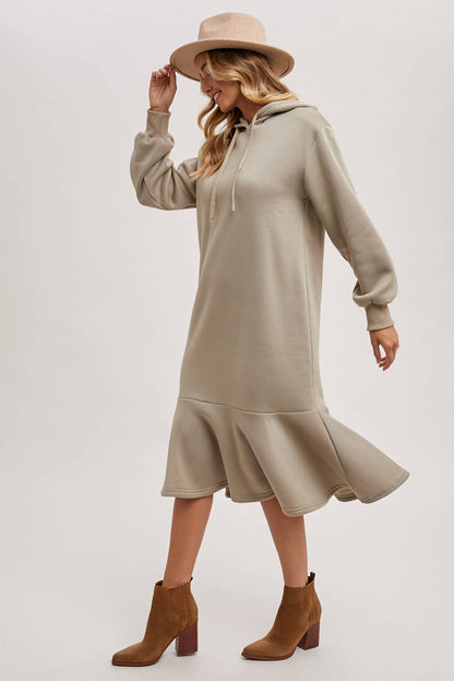 FLOUNCE HEM HOODIE SWEATSHIRT MIDI DRESS
