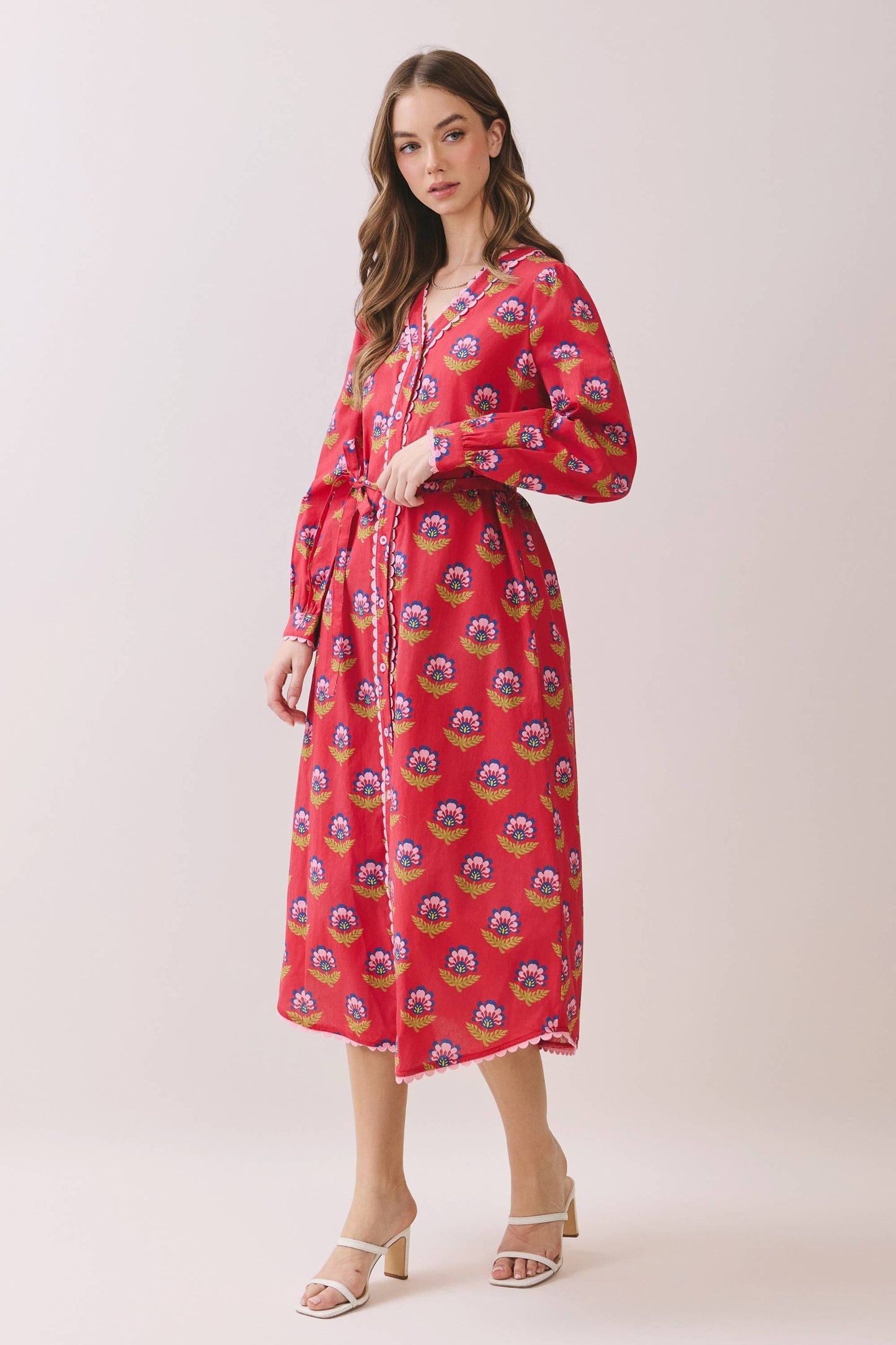 Scalloped Long Sleeve Button Down Midi Dress