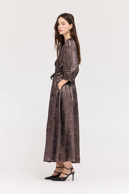 ESPRESSO BROWN TIE FRONT PLEAT WAIST SHINE DRESS